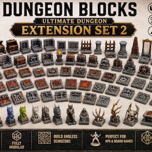 Puede incluir: Una colección de bloques de mazmorras en miniatura y extras, perfecta para juegos de rol y de mesa. El conjunto incluye 56-100 bloques, totalmente modular e impreso en 3D en PLA. Compatible con D&D, Pathfinder y más. El texto de la imagen dice "Dungeon Blocks Ultimate Dungeon Extension Set 2".