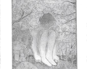 Spooky Shadow in Mushroom Forest Handmade Intaglio Print 6x8.5 Fine Art Original Print Etching Aquatint Editioned Signed