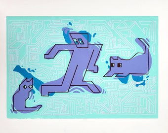Funky Geometric Silkscreen Print "Dance Outside the Lines", Cats and Dancing Figure, 15x20, Multimedia Collage