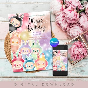 Invito di compleanno Labubu versione 3, invito stampabile modificabile, modello di invito per festa Labubu, download immediato, invito per bambini