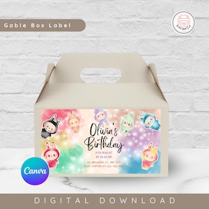 Labubu version 3 Editable Gable Box Label Template, Labubu Printable Design, Birthday Boy Girl Party Favor, Digital Download