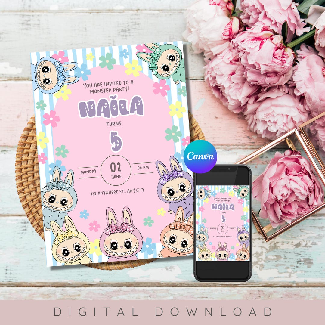 Invitación de cumpleaños de Labubu para niñas, imprimible y editable ...