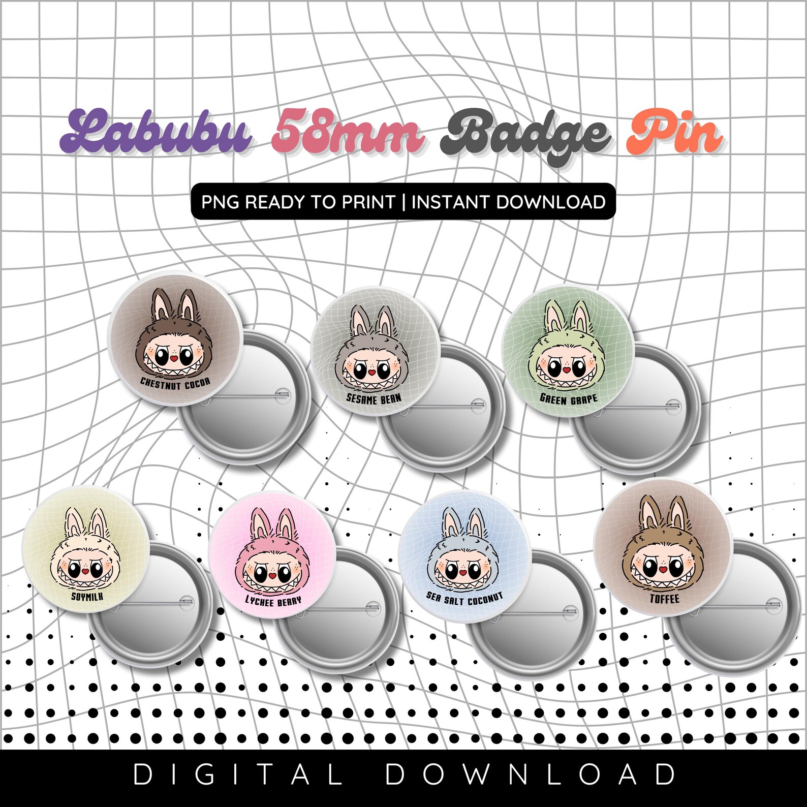 LABUBU 58mm Badge Pin Template Labubu Button Pins Print and Cut PNG