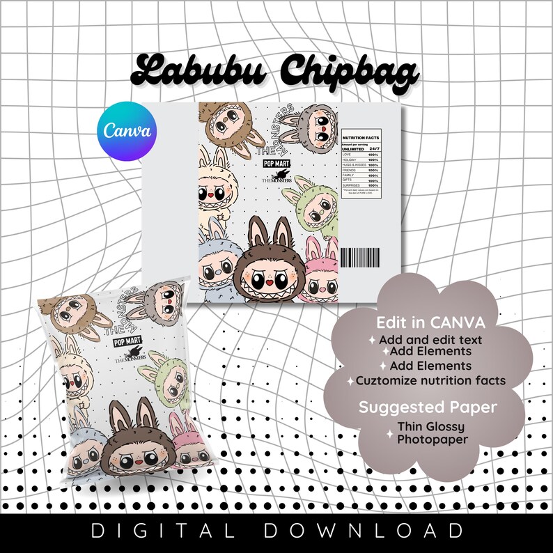 Labubu Theme Chip Bag. Editable Party Favor. Party Printables. Labubu ...