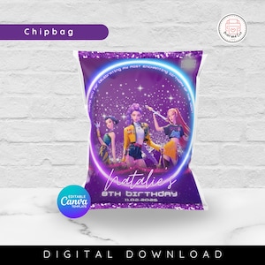 Bewerkbare Kpop Demon Hunters Design Party Favor Chipbag, Verjaardag Afdrukbare Chipbag, Kpop Golden Wrapper, Instant Download, Huntrix Chip Bag
