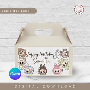 Pack of 2 Labubu Editable Gable Box Label Template, Labubu Printable Label Design,  Birthday Boy Girl Party Favor, Digital Download