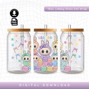 16oz Labubu Macaron Libbey Glass Can Wrap DTF Design Transparent Background, Libbey Wrapper PNG, Digital Download, Instant Download