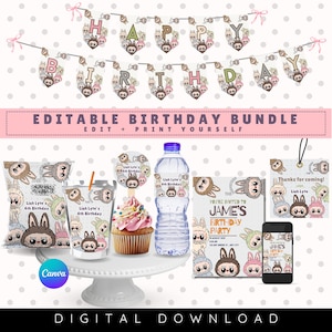 Pacote de decoração para festa Labubu, convite para festa de aniversário, pacote de aniversário editável, decoração de aniversário para menina e menino Labubu, download digital