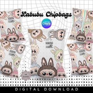 7 Labubu Thema Chip Bag Bewerkbare Party Favor Party Printables Labubu Candy Bag Chip Bag Kids Party Wrapper Snoepzakje Klaar om af te drukken