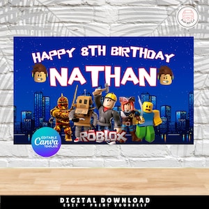 May include: A birthday banner with the text "HAPPY 8TH BIRTHDAY NATHAN" in white against a dark blue night sky. The banner features Roblox characters and the Roblox logo.