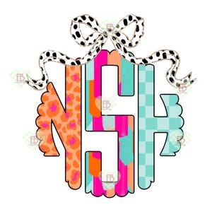 May include: A monogram with the letters N, S, and H in a circle. The letters are filled with different patterns, including leopard print, stripes, and checkered patterns. The monogram is topped with a black and white polka dot bow.