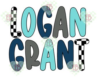 Custom Name PNG | Blue Checker Block Letters | Personalized Name Sublimation Digital Download