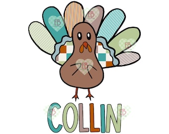May include: A cartoon turkey illustration with a brown body, orange beak, and colorful tail feathers. The tail feathers have various patterns, including stripes and plaid. The name "COLLIN" is written in colorful letters below the turkey.