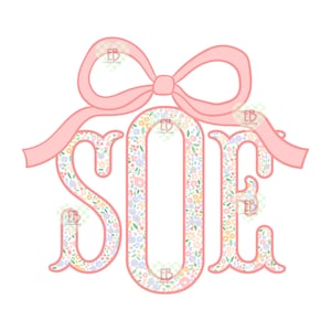 May include: A monogram design featuring the letters "SOE" in a floral pattern, outlined in pink. A pink bow sits above the letters, with the ribbon extending to the sides. The floral pattern includes pastel colors like pink, yellow, and blue.
