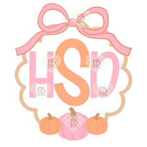May include: A decorative graphic featuring the letters H, S, and D in a large monogram style. The H and D are light pink, while the central S is peach. A light pink bow sits at the top, and three pumpkins in peach and pink sit at the bottom.