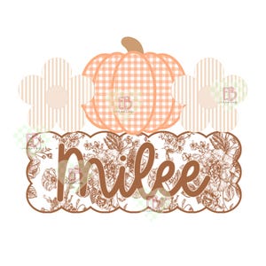 May include: A digital graphic featuring a light orange gingham pumpkin flanked by two striped flowers. Below, a scalloped rectangular banner with a brown floral pattern displays the name 'milee' in a brown, cursive script font.