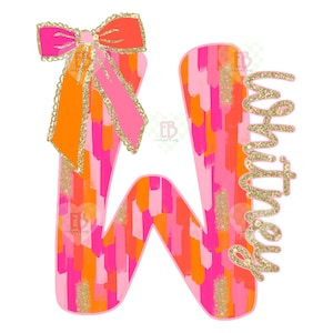 May include: A pink and orange letter W with gold glitter accents. A pink and orange bow with gold glitter accents is on top of the letter. The word "Birthday" is written in gold glitter on the right side of the letter.