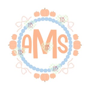 May include: A digital graphic featuring the letters AMS in large peach-colored font centered within a circular frame of light blue beads. The design is surrounded by peach-colored pumpkins and light pink bows, with the text EB creates repeated.