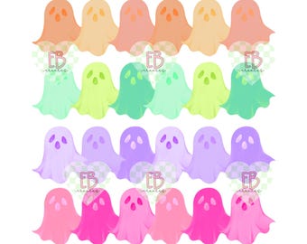 Op de afbeelding: Een rij kleurrijke spookillustraties in verschillende tinten oranje, groen, paars en roze. De spookjes zijn in vier rijen gerangschikt, waarbij elke rij een andere kleur heeft.