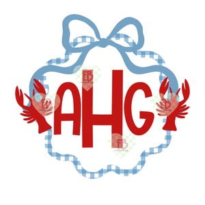 May include: A monogram design with the letters AHG in red, framed by a blue and white gingham border and a blue bow. Two red crawfish are positioned on either side of the letters.