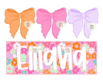 May include: Three colorful bows in orange, pink, and lavender, above a floral nameplate. The nameplate features the name "Eliavia" in white, set against a pink background with a floral pattern. The bows have a heart-shaped logo.