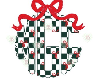 May include: A black and white checkered monogram with a red bow on top. The monogram is in the shape of the letters "M C C".