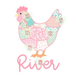 May include: A whimsical illustration of a chicken, composed of patchwork patterns in pastel colors. The chicken features a pink comb and beak, with the name "River" written in cursive below. The patchwork includes floral, polka dot, and gingham designs.