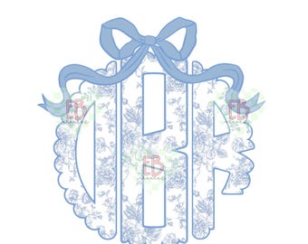 Blue Toile Custom Scalloped Monogram PNG