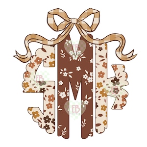 Könnte beinhalten: Ein Monogramm-Design mit den Buchstaben G, M und H in einem floralen Muster. Die Buchstaben sind in Braun-, Beige- und Weißtönen gehalten und haben einen gewellten Rand. Eine karierte Schleife und ein Band befinden sich oben.