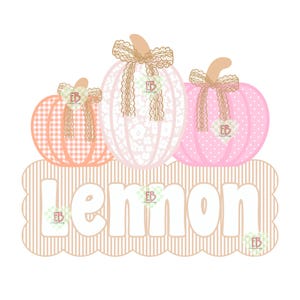 May include: A digital graphic featuring three pumpkins in shades of peach and pink, each adorned with a tan lace bow. The left pumpkin has a gingham pattern, the center has a floral print, and the right has polka dots. Below, the name Lennon is written in white letters on a tan striped scalloped background.