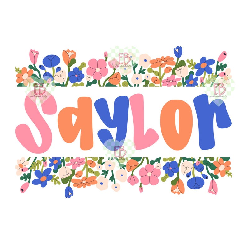 May include: A floral design with pink, blue, and green flowers. The name "Saylon" is written in pink, orange, and blue letters.
