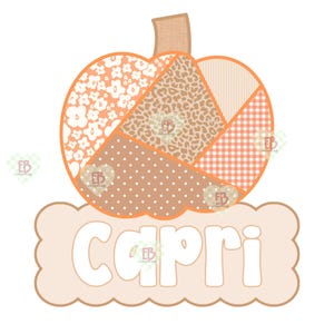 May include: A pumpkin-shaped graphic featuring a patchwork design of floral, leopard print, vertical stripe, gingham, and polka dot patterns in orange and brown tones, positioned above a scalloped rectangular label with the name Capri in white.