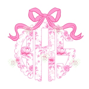 May include: A pink floral monogram with a pink bow. The monogram is in a circle with a scalloped edge.