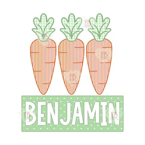 May include: A digital illustration featuring three orange carrots with green and white checkered tops. Below the carrots is a light green rectangle with the name "BENJAMIN" in white letters. The background is white.