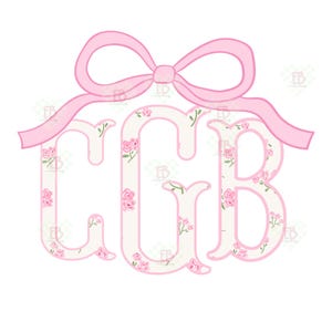 May include: A monogram design featuring the letters "CGB" in a soft, rounded font. The letters are filled with a floral pattern of pink roses and green leaves on a white background, outlined in pink. A pink bow sits above the letters.