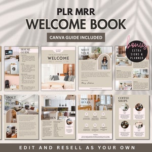 May include: A welcome book template for holiday lets with a beige and brown colour scheme. The book includes sections for house rules, places to see, and local coffee shops. The cover features the text "Welcome Book" and "PLR MRR".