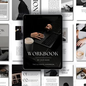 Pode incluir: Design de caderno digital em preto e branco. A capa apresenta a palavra "WORKBOOK" em negrito, com o subtítulo "THE ULTIMATE HANDBOOK". A imagem inclui um laptop, café e mãos com anéis.