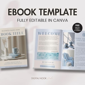 Op de afbeelding: Een open e-book sjabloon met de tekst "EBOOK TEMPLATE" en "FULLY EDITABLE IN CANVA". De omslag toont een boek met de tekst "EBOOK TITLE". De binnenpagina's hebben de tekst "WELCOME" en "01 TOPIC TITLE GOES HERE".