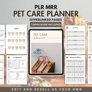 May include: A digital planner for pet care with hyperlinked pages. The planner includes sections for pet information, vet visits, grooming, medication, recipes, and an appointment calendar. The cover features a stylized image of a book with flowers.