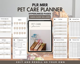 May include: A digital planner for pet care with hyperlinked pages. The planner includes sections for pet information, vet visits, grooming, medication, recipes, and an appointment calendar. The cover features a stylized image of a book with flowers.