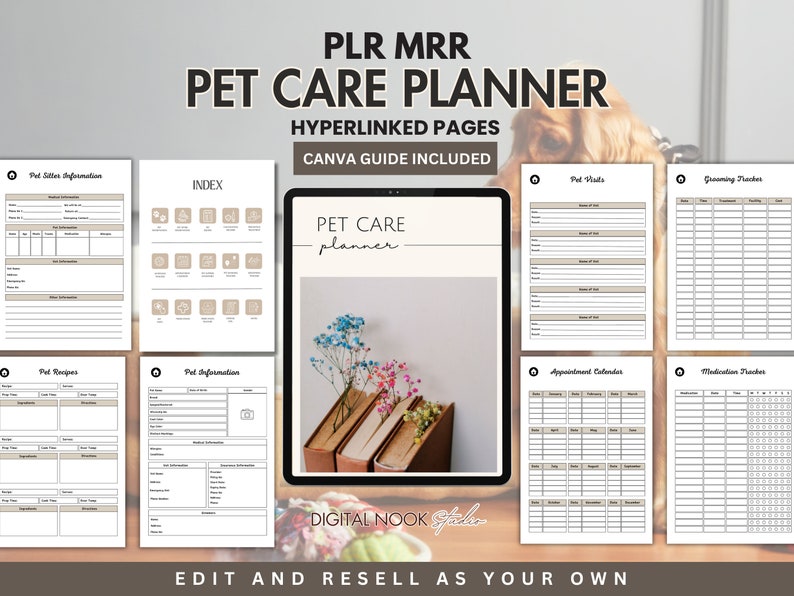 PLR Digital Planner Pet Care Planner Done for you Hyperlinked Planner Editable Canva Private Label Rights License Digital Product MRR Resell