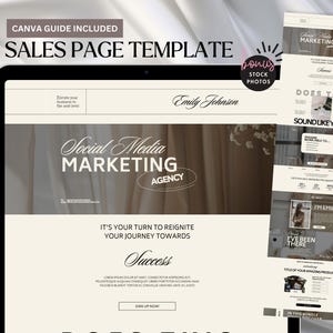 May include: A digital sales page template for a social media marketing agency displayed on a computer screen and a vertical layout. The design features a beige and brown color palette with the text Social Media Marketing Agency, Emily Johnson, and Success.