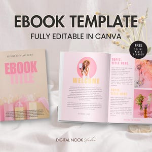 Może przedstawiać: Szablon ebooka w kolorze różowym i żółtym z tekstem "EBOOK TEMPLATE" i "FULLY EDITABLE IN CANVA" u góry. Szablon zawiera stronę tytułową z tekstem "EBOOK TITLE" oraz kilka stron z tekstem i obrazami.