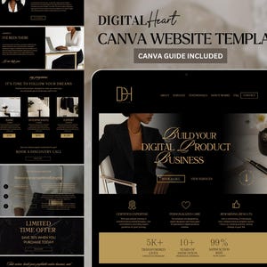 Puede incluir: Una plantilla de sitio web en negro y dorado para un negocio de productos digitales. La plantilla presenta a una mujer con un blazer negro, un logotipo de corazón dorado y el texto "Construye tu negocio de productos digitales".