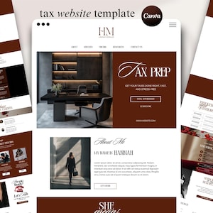 Peut inclure: Un modèle de site web pour services fiscaux avec une palette de couleurs marron et blanc. La mise en page inclut des sections pour la préparation fiscale, à propos et services. Le texte comprend "tax website template", "HM", "TAX PREP", "ABOUT", "SERVICES", "PORTFOLIO", "RESOURCES", "CONTACT US" et "MY NAME IS HANNAH".