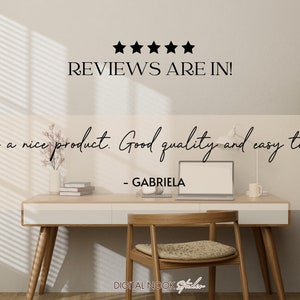 May include: A five-star review for a product with the text "It is a nice product. Good quality and easy to use." - GABRIELA. The text "REVIEWS ARE IN!" is above the review.
