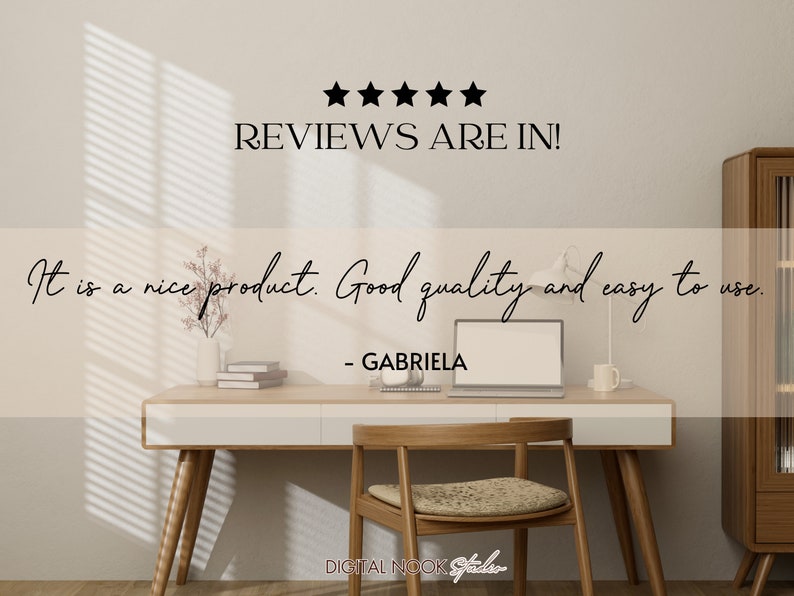 May include: A five-star review for a product with the text "It is a nice product. Good quality and easy to use." - GABRIELA. The text "REVIEWS ARE IN!" is above the review.