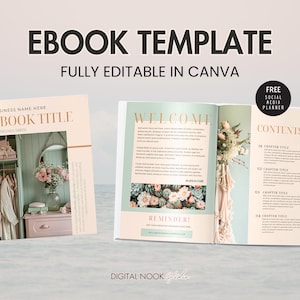 Könnte beinhalten: Eine digitale E-Book-Vorlage mit floralem Design. Das Cover zeigt den Text "EBOOK TITLE" und "BUSINESS NAME HERE". Die Innenseiten haben den Text "WELCOME" und "CONTENTS".