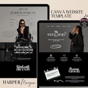 Puede incluir: Plantilla de sitio web de Canva que se muestra en dos tabletas. El diseño en blanco y negro incluye el texto "The Social Media Agency" y "Harper Morgan". La imagen también presenta el texto "Branding is so much more than what you see."