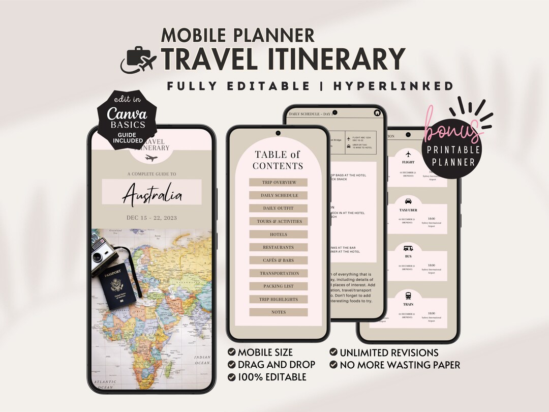 Mobile Travel Itinerary Template Minimalist Travel Schedule Editable ...